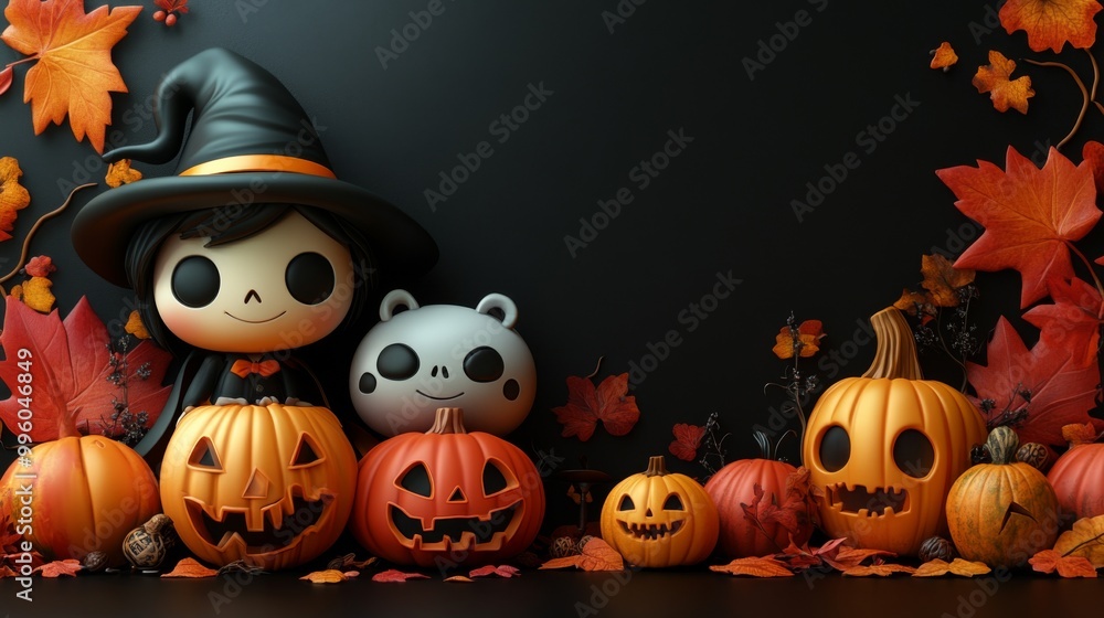 Whimsical Halloween Characters with Pumpkins and Witches in Festive Autumn Setting Whimsical Halloween Characters with Pumpkins and Witches in Festive Autumn Setting
