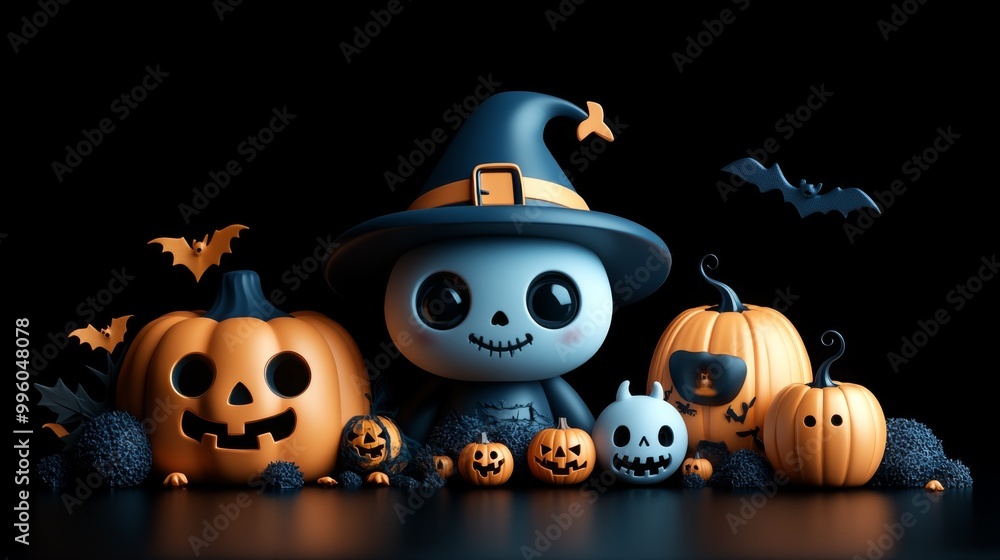 Whimsical Halloween Characters with Pumpkins and Witches in Festive Autumn Setting Whimsical Halloween Characters with Pumpkins and Witches in Festive Autumn Setting