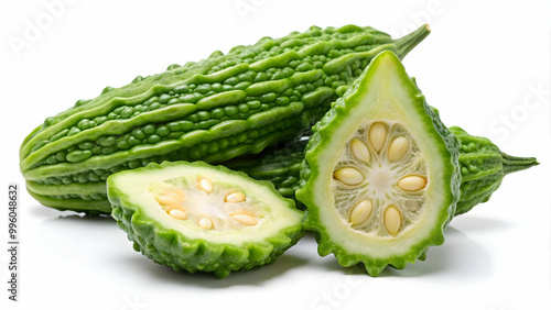 Fresh bitter gourd with cut slice isolated on an alpha background, bitter gourd, bitter cucumber, bitter melon, fresh, healthy