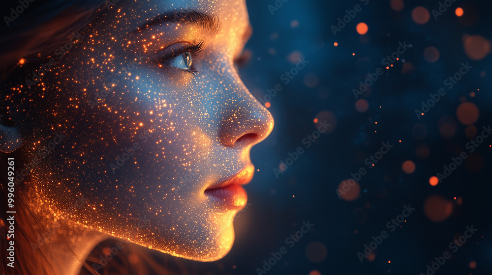 A close-up portrait of a woman illuminated by vibrant particles, creating a mystical and ethereal atmosphere around her. A close-up portrait of a woman illuminated by vibrant particles, creating a mystical and ethereal atmosphere around her.