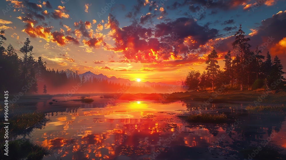 Obraz premium Majestic Sky over Wilderness at Sunset: A Spectacular Natural Scenery. Witness the Beauty and Serenity.