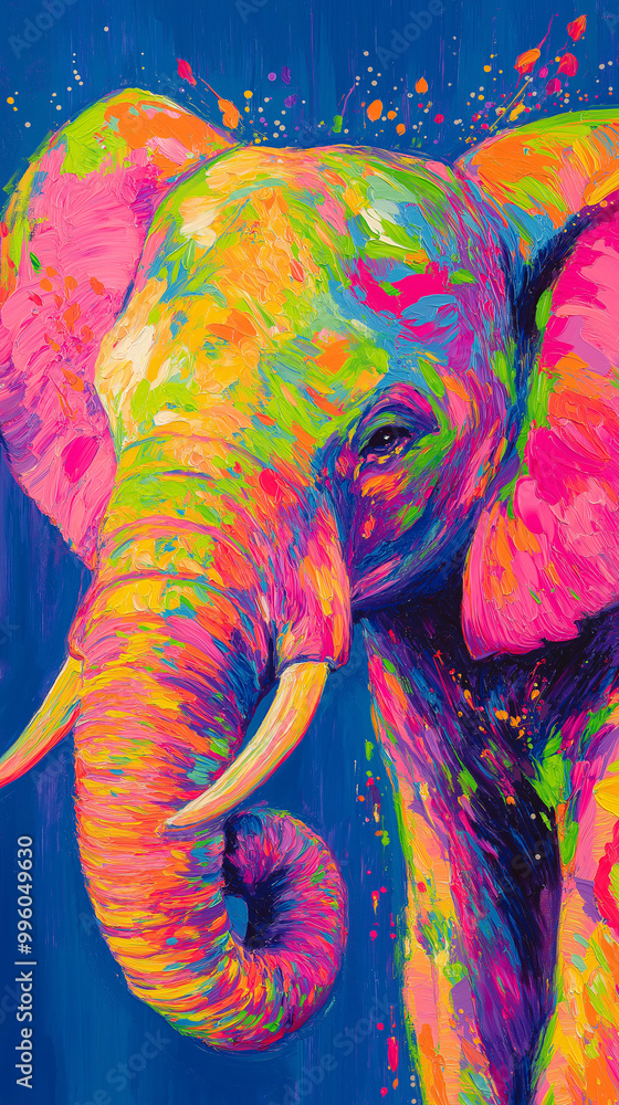 Obraz premium A colourful elephant painting with pink, green, and blue colours