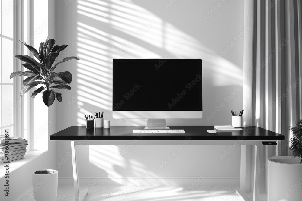 Obraz premium a stylish black desk with minimalist design is featured in a monochrome interior banner, showcasing a modern home office with sleek decor