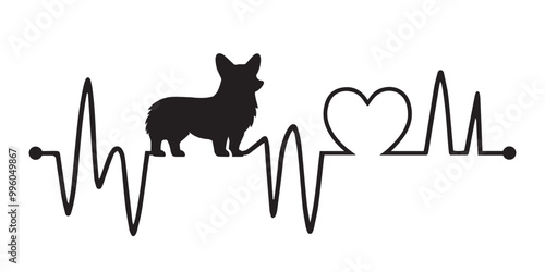 Welsh Corgi Dog standing on Heartbeat line silhouette, Dog and Heartbeat frequency with Heart Love vector illustration
