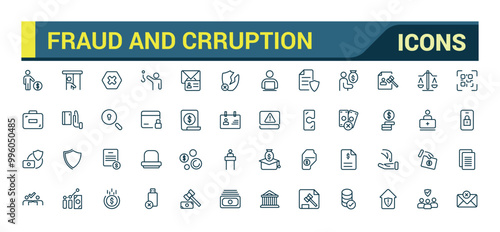 Fraud and crruption icon set. Money crime line icons. Phishing robbery, crime and tax offense line icons. Fraud and wallet cash.