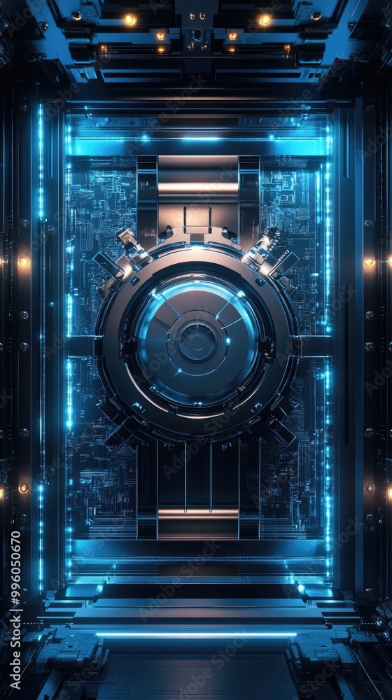 A secure bank vault interface where users can manage their digital assets with high-level encryption, biometric access, and decentralized networks A secure bank vault interface where users can manage their digital assets with high-level encryption, biometric access, and decentralized networks