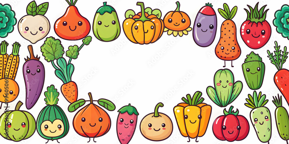 Fototapeta premium Cute doodle vegetable cartoon icons and objects, Vegetables, cute, doodle, cartoon, icons, objects,black and white, healthy