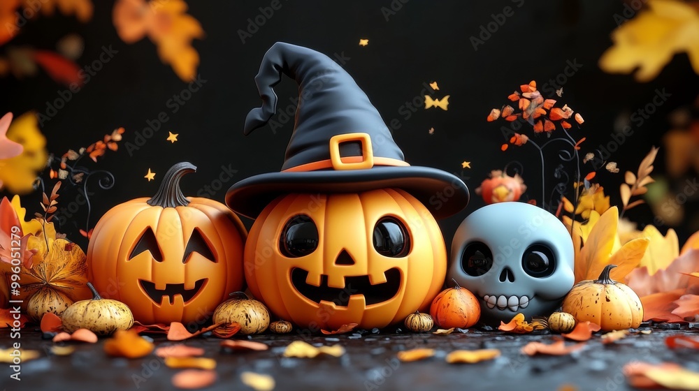 Whimsical Halloween Characters with Pumpkins and Witches in Festive Autumn Setting Whimsical Halloween Characters with Pumpkins and Witches in Festive Autumn Setting