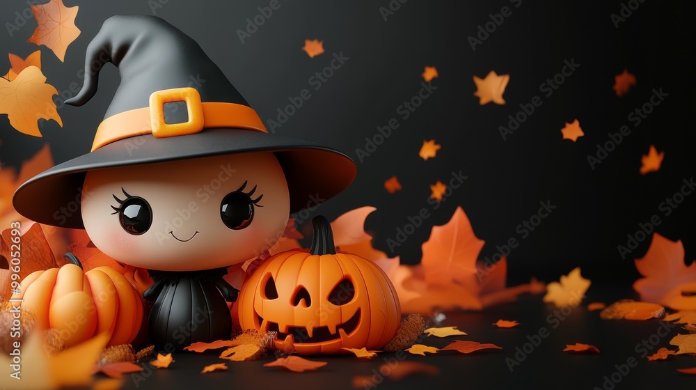 Whimsical Halloween Characters with Pumpkins and Witches in Festive Autumn Setting Whimsical Halloween Characters with Pumpkins and Witches in Festive Autumn Setting