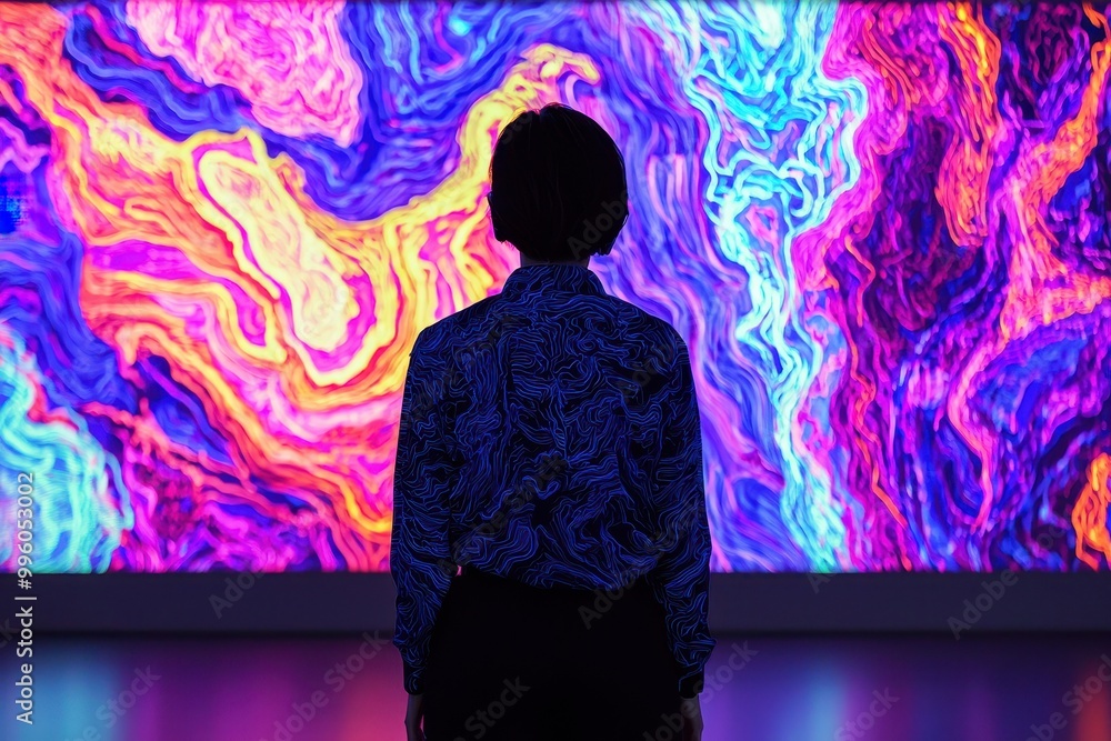 Fototapeta premium Interactive projection mapping in a dark environment, vibrant digital artwork