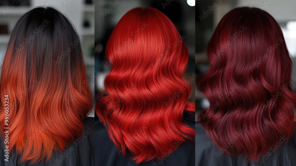 Fototapeta premium A vibrant red hair dye tutorial, showing the transformation process from dark hair to a striking, fiery red shade