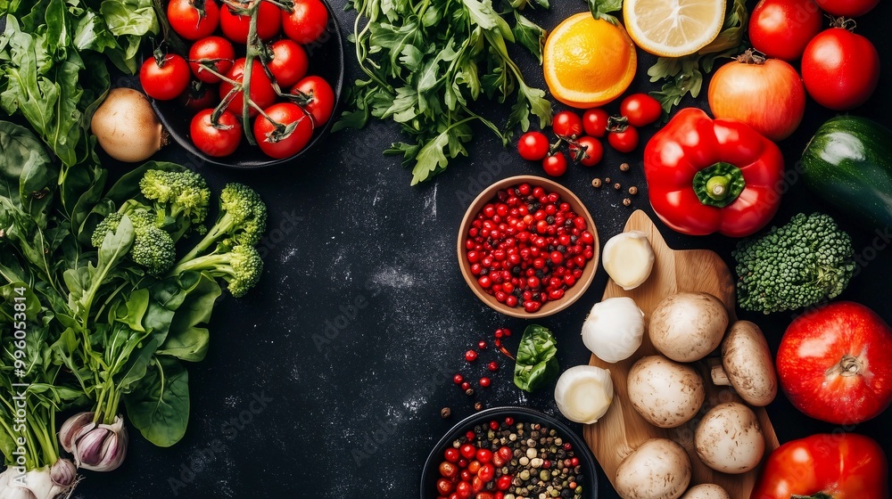 A vibrant array of fresh vegetables and fruits on the right side, contrasted against an empty dark background to highlight their colorful hues A vibrant array of fresh vegetables and fruits on the right side, contrasted against an empty dark background to highlight their colorful hues