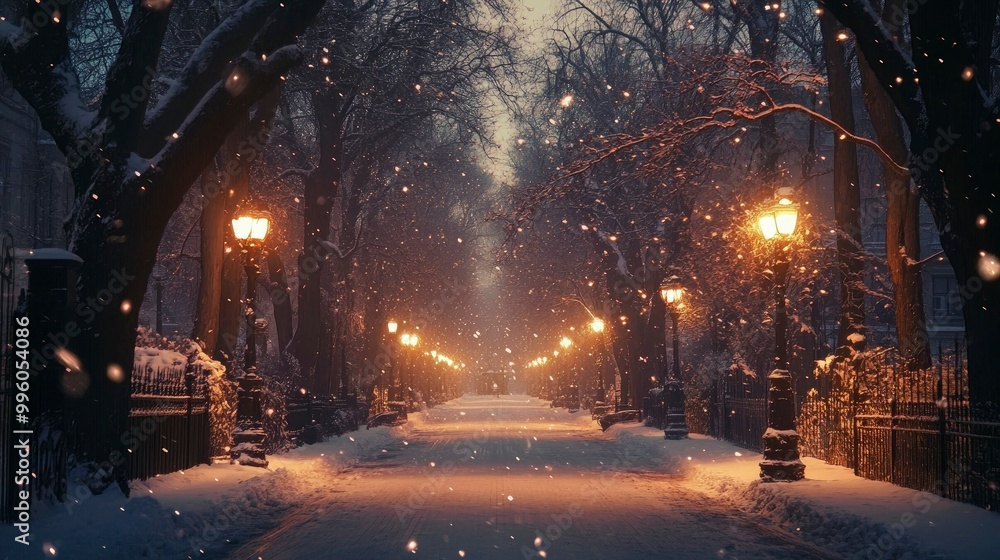 A quiet winter street lined with snow-draped trees and softly glowing streetlights as snow gently falls. A quiet winter street lined with snow-draped trees and softly glowing streetlights as snow gently falls.