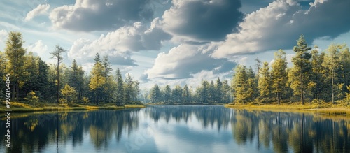 3D illustration depicting a tranquil forest landscape with a lake under a cloudy sky