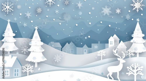 Elegant Paper Art Christmas Background with Falling Snowflakes, Houses, and Deer in Winter Landscape. Vector Illustration for New Year Card Template Design in White, Blue, and Pastel Colors.