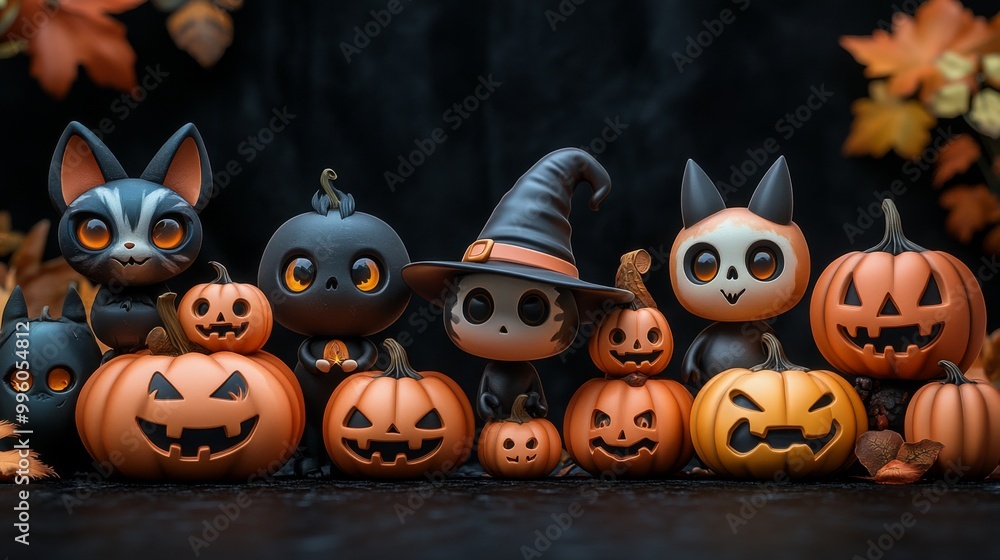Whimsical Halloween Characters with Pumpkins and Witches in Festive Autumn Setting Whimsical Halloween Characters with Pumpkins and Witches in Festive Autumn Setting