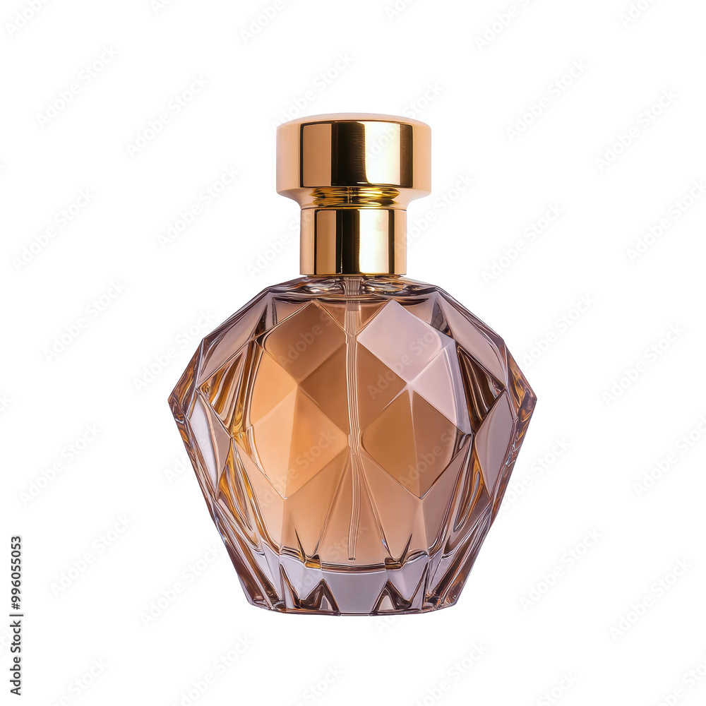 Elegant perfume bottle with a faceted glass design and a gold cap. The luxurious and stylish packaging is ideal for high-end fragrances and cosmetics. Isolated on transparent background, png. Elegant perfume bottle with a faceted glass design and a gold cap. The luxurious and stylish packaging is ideal for high-end fragrances and cosmetics. Isolated on transparent background, png.