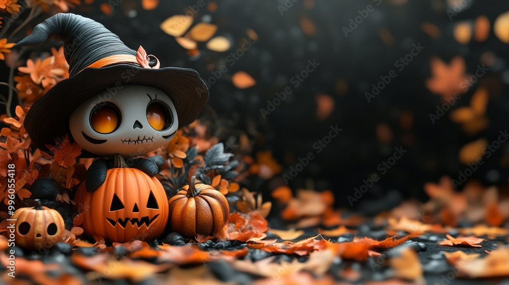 Naklejka premium Whimsical Halloween Characters with Pumpkins and Witches in Festive Autumn Setting