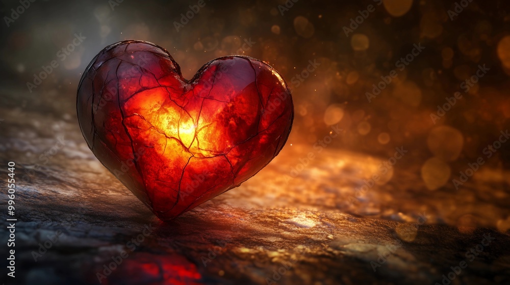 Fototapeta premium A glowing red heart with intricate cracks radiates warmth and love on an old wooden table. The background is softly blurred to focus attention on the vibrant colors of the broken glass