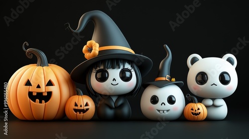 Whimsical Halloween Characters with Pumpkins and Witches in Festive Autumn Setting