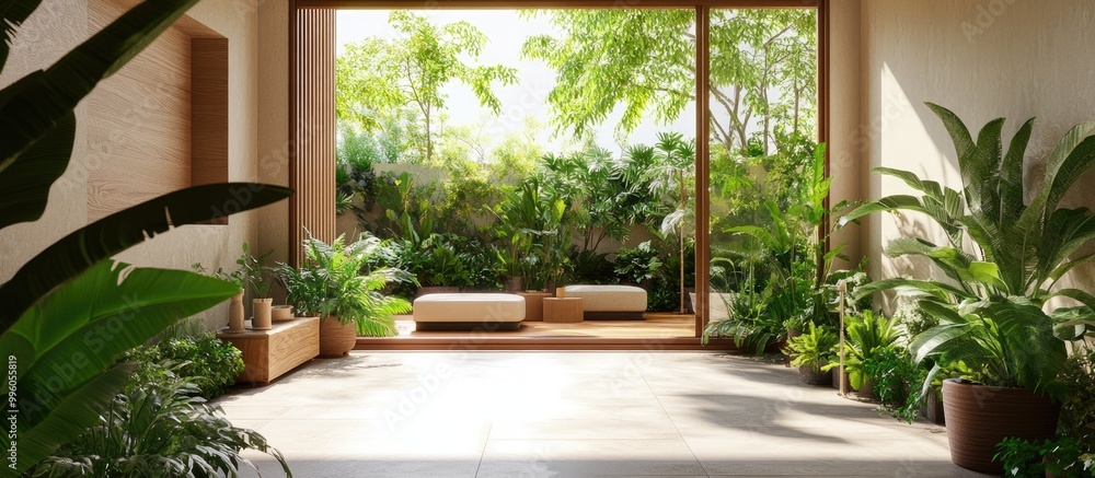 3D interior garden with lush green landscape 3D interior garden with lush green landscape