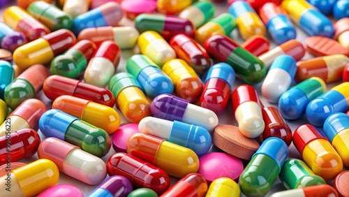 Variety of colorful pills is scattered on a surface, creating a full frame composition