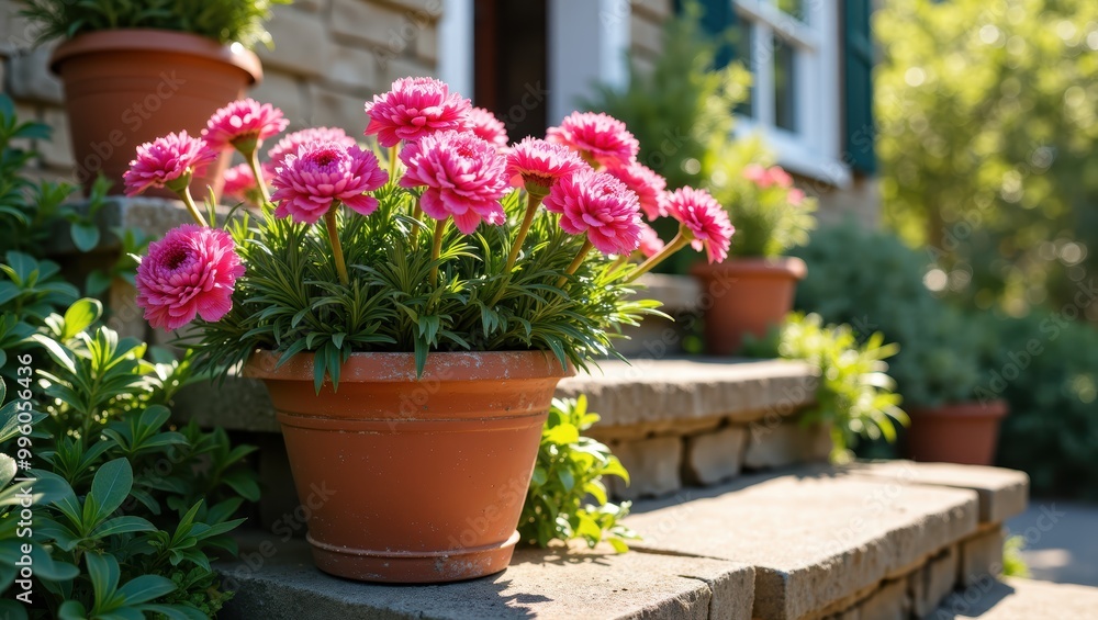 Pink Flowers in Pot on Stone Steps Pink Flowers in Pot on Stone Steps