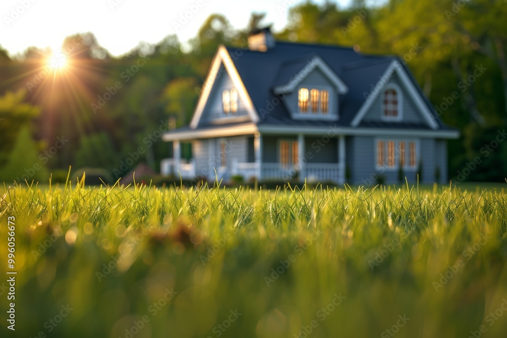 Shift the camera to a serene shot of a newly purchased home, symbolizing the realization of dreams and aspirations through successful auction bids. , background blur Shift the camera to a serene shot of a newly purchased home, symbolizing the realization of dreams and aspirations through successful auction bids. , background blur