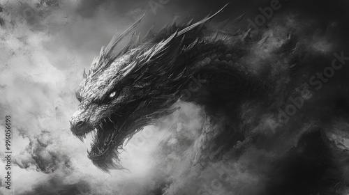 Semi surrealist artwork featuring a dragon s head rendered in a monochromatic black and white style