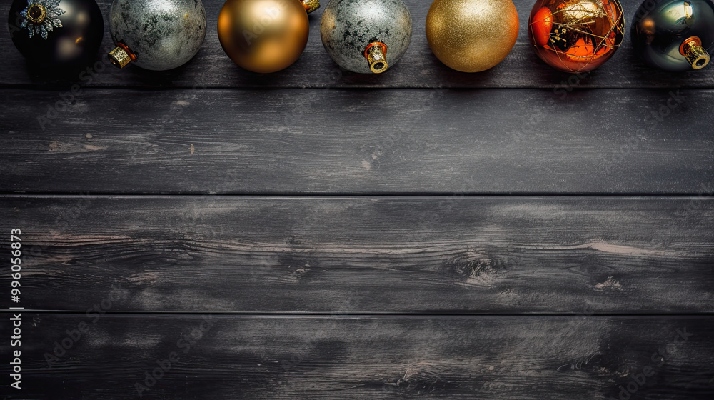Naklejka premium Set of christmas balls on a dark gray wooden background or board