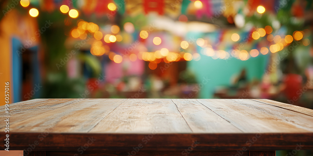 Wooden Table Overlooking Festive Street with Colorful Flags Wooden Table Overlooking Festive Street with Colorful Flags