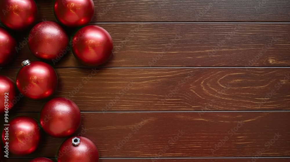 Naklejka premium Set of christmas balls on a maroon wooden background or board