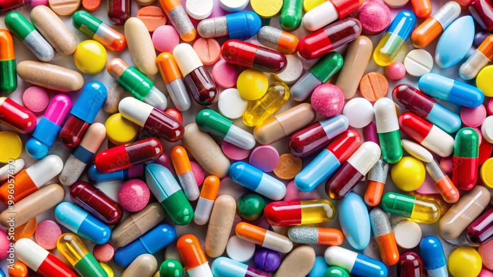 Variety of colorful pills is scattered on a surface, creating a full frame composition Variety of colorful pills is scattered on a surface, creating a full frame composition