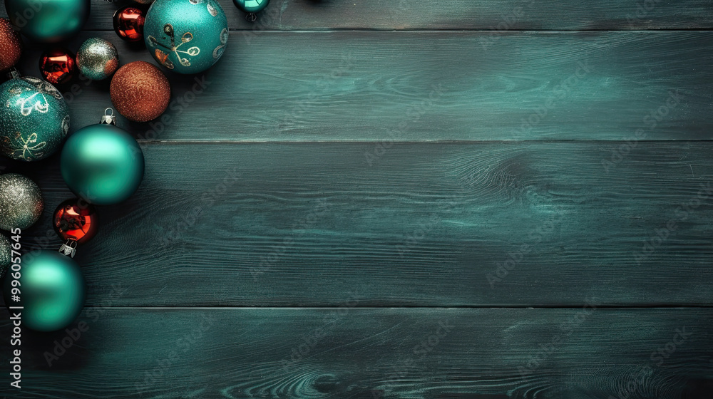 Set of christmas balls on a teal wooden background or board Set of christmas balls on a teal wooden background or board