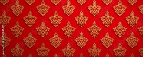 Deep red and gold Diwali background with symmetrical geometric patterns and elegant paisleys, festive pattern, traditional luxury