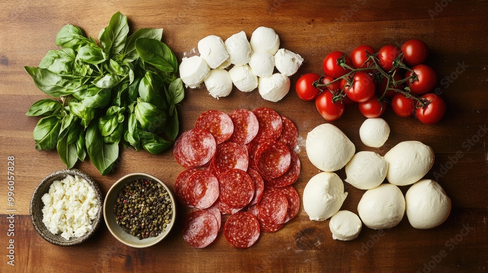 Fresh pizza ingredients like basil, mozzarella, tomatoes, and pepperoni laid out on a wooden counter, ready to be assembled into a pizza Fresh pizza ingredients like basil, mozzarella, tomatoes, and pepperoni laid out on a wooden counter, ready to be assembled into a pizza