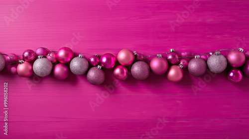 Set of christmas balls on a magenta wooden background or board