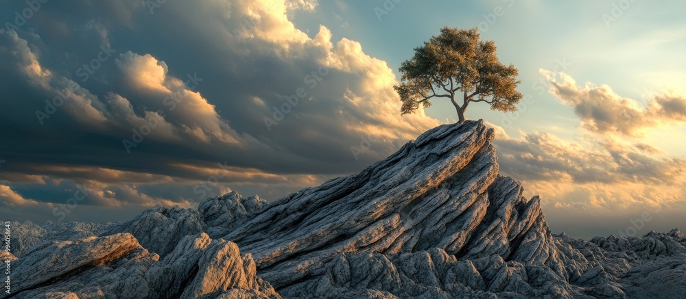 3D illustration depicting a landscape featuring unique rock formations and a solitary tree on one of them set against a dramatic cloudy sky 3D illustration depicting a landscape featuring unique rock formations and a solitary tree on one of them set against a dramatic cloudy sky
