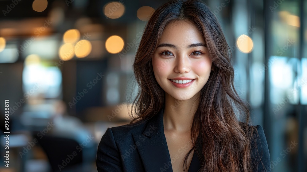 Confident Asian Businesswoman Smiling in Modern Office Confident Asian Businesswoman Smiling in Modern Office