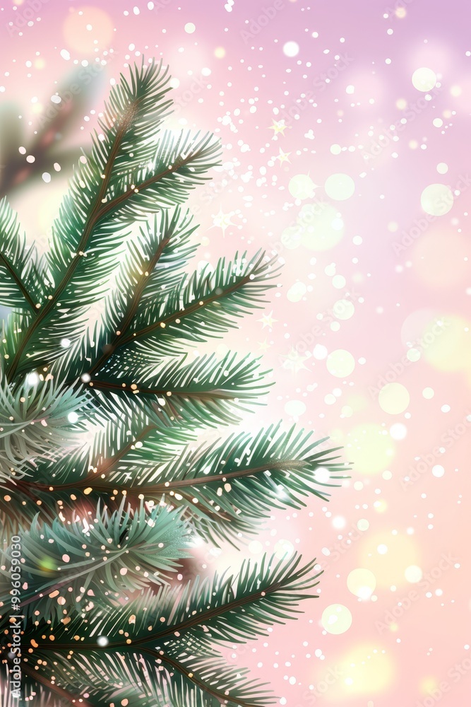 Christmas Tree Branch, Festive Snowflakes And Bokeh Lights On Pink And Yellow Gradient Background Christmas Tree Branch, Festive Snowflakes And Bokeh Lights On Pink And Yellow Gradient Background