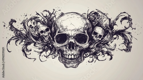 Surreal hand drawn skull accompanied by skeletal elements