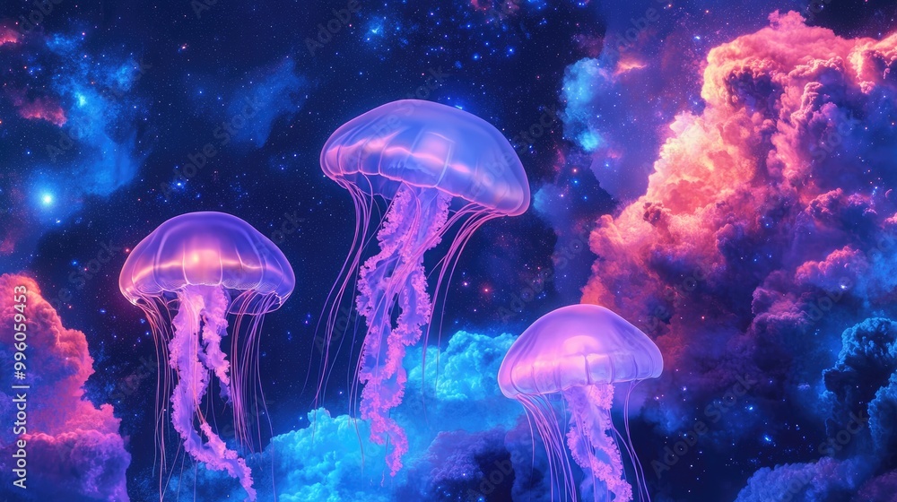Surrealistic illustration featuring jellyfish in outer space against an abstract backdrop of the sky clouds and stars designed for phone screens Surrealistic illustration featuring jellyfish in outer space against an abstract backdrop of the sky clouds and stars designed for phone screens
