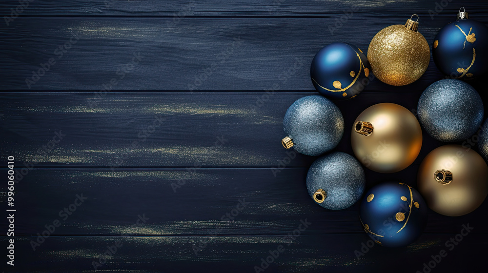 Naklejka premium Set of christmas balls on a dark blue wooden background or board