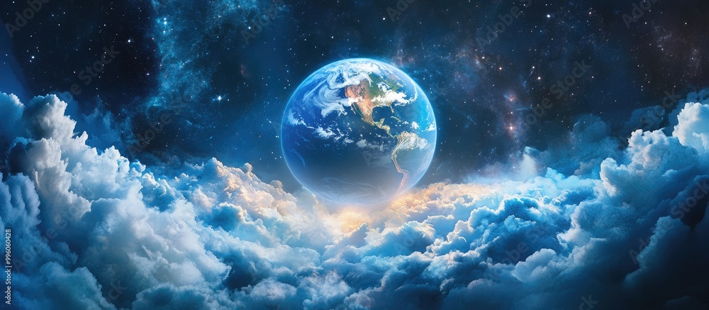 Surreal 3D rendering of a world with a moon featuring clouds stars and the Orion nebula capturing a sense of rotation of the Earth Surreal 3D rendering of a world with a moon featuring clouds stars and the Orion nebula capturing a sense of rotation of the Earth