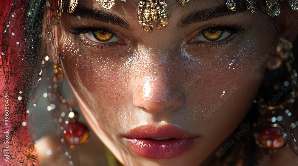 Close-Up Portrait of a Woman with Golden Eyes and Intricate Jewelry Close-Up Portrait of a Woman with Golden Eyes and Intricate Jewelry