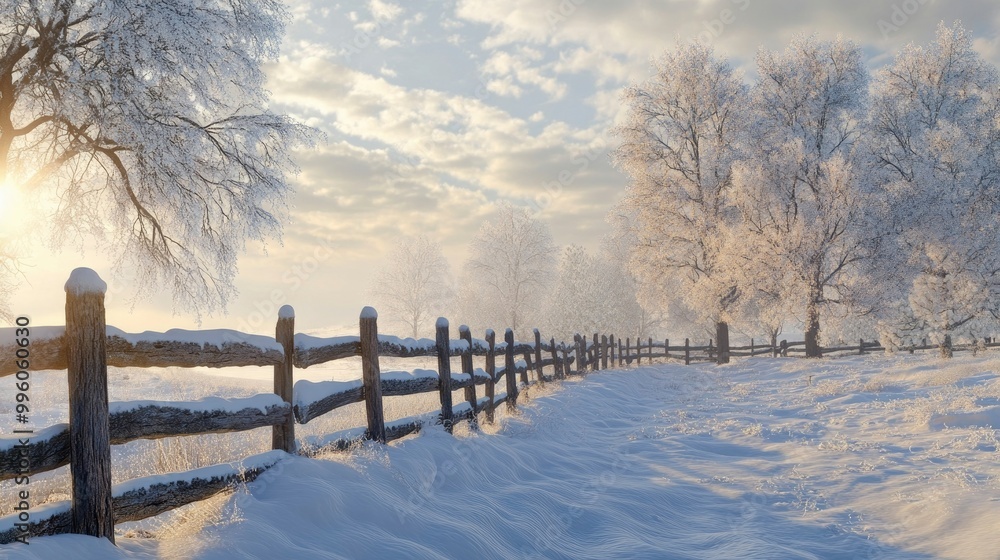 A rustic wooden fence buried in snow, with frost-covered trees lining the background and a pale winter sun breaking through the clouds. A rustic wooden fence buried in snow, with frost-covered trees lining the background and a pale winter sun breaking through the clouds.