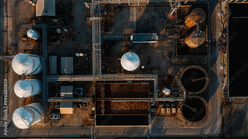 Aerial top view of white oil tank storage chemical petroleum petrochemical refinery product at oil terminal. Oil terminal storage tank in deep seaport for the international order concept. Aerial top view of white oil tank storage chemical petroleum petrochemical refinery product at oil terminal. Oil terminal storage tank in deep seaport for the international order concept.