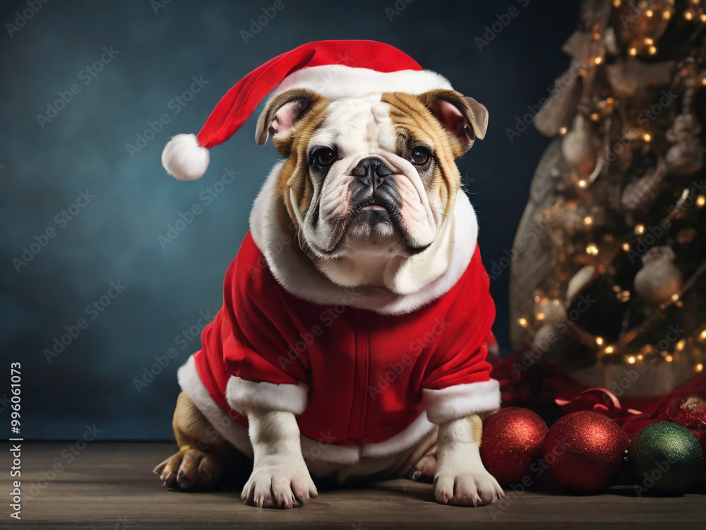 bulldog dog in red santa claus costume for christmas new year, AI generated bulldog dog in red santa claus costume for christmas new year, AI generated