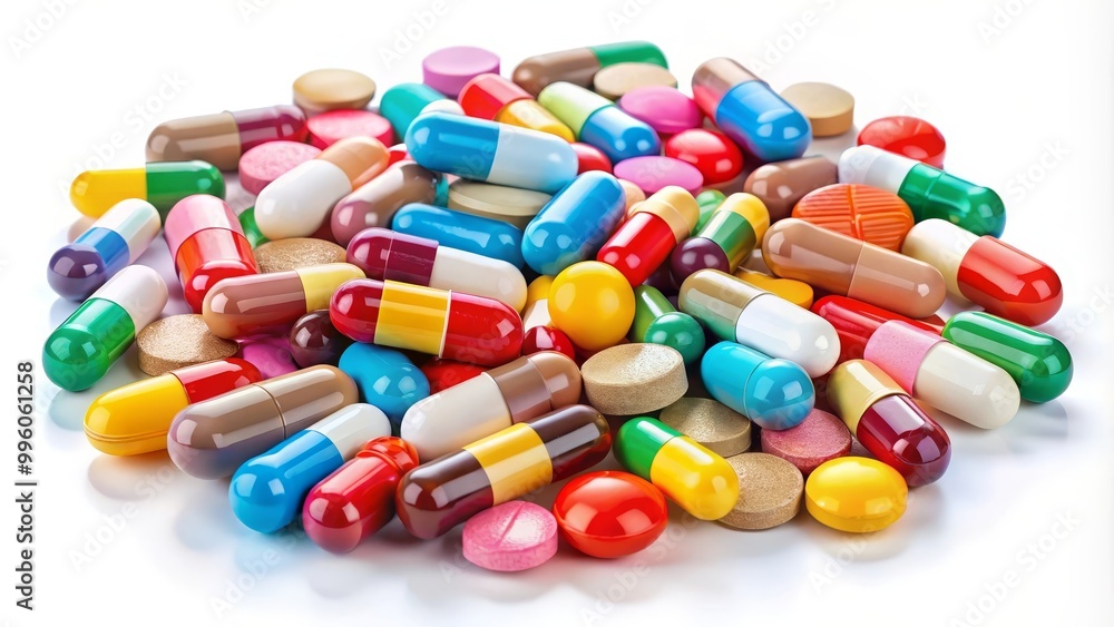 Macro shot of colorful pills and capsules lying on a white background Macro shot of colorful pills and capsules lying on a white background