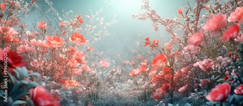 Surreal 3D rendered flowers in a magical blooming setting A dreamy fantasy botanical background featuring pink and red blossoms